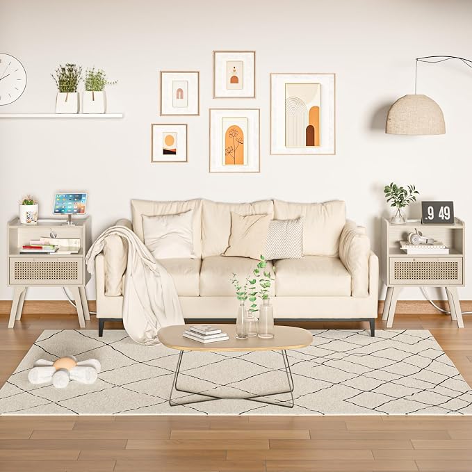 Lerliuo Rattan Nightstand with Charging Station, Side Table with Drawer Open - Image 8