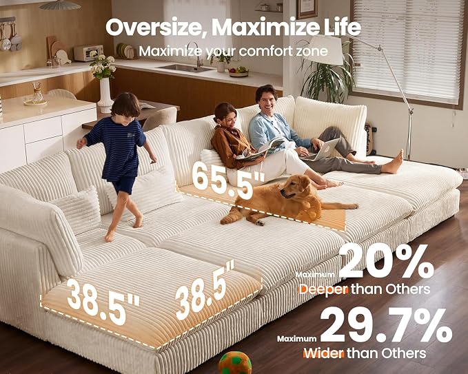 115" Oversized Corduroy Couch Modular Sectional Sofa, Washable Cloud Couch - Image 3
