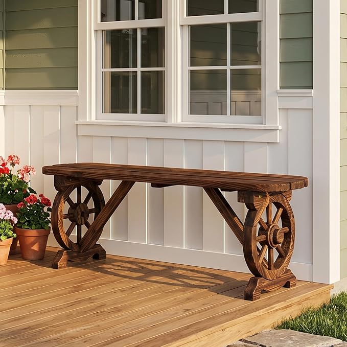 VINGLI Rustic Wooden Wheel Bench Outdoor Bench, Patio Bench Wagon Slatted Seat - Image 9