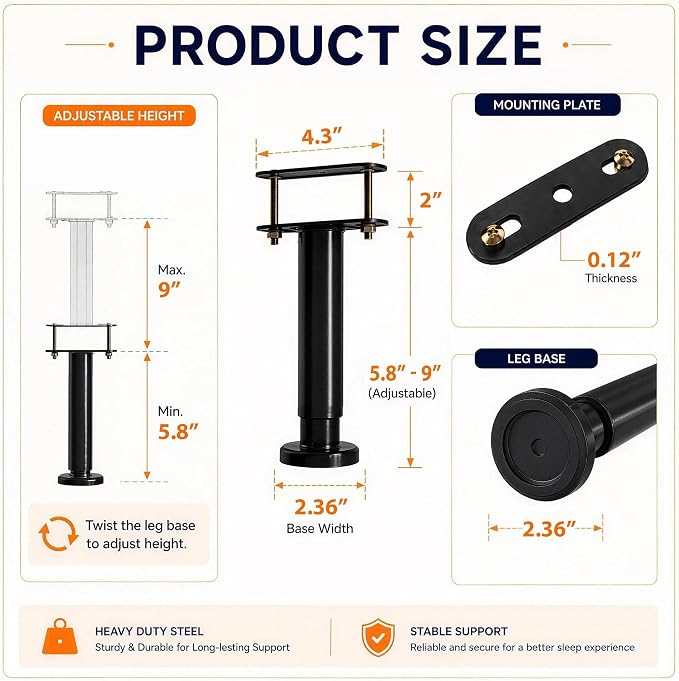 4Pcs Bed Frame Support Leg, Adjustable Height 5.8"-9", Extra Sturdy Steel Bed - Image 2