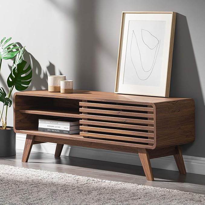 mopio Ensley 46" TV Stand with Slatted Door, Mid Century Modern Entertainment by MopioInc