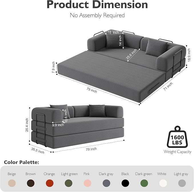 79in Convertible Sofa Bed, Corduroy Boneless Couch Bed, Futon Sleeper Sofa Pull - Image 2