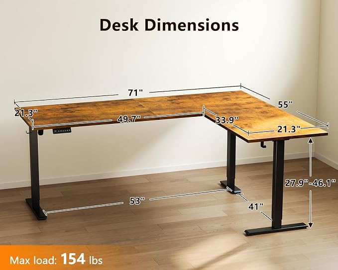 Casaottima 71 Inch Reversible Electric L Shaped Standing Desk, Height - Image 3