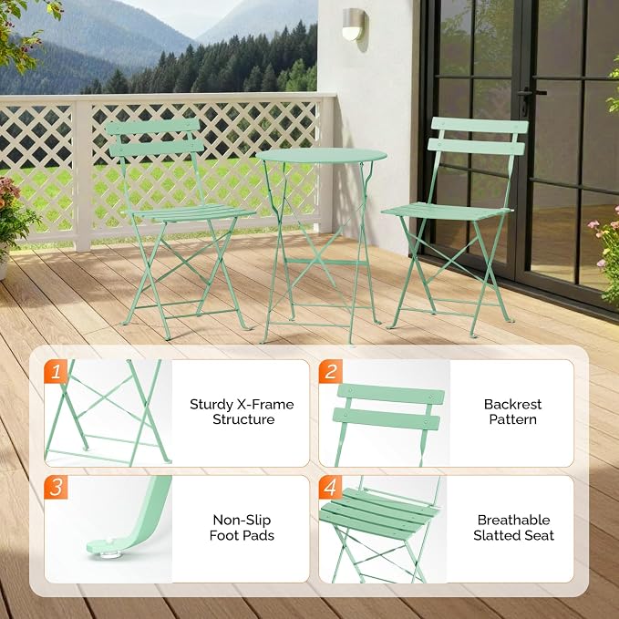 VINGLI Outdoor Folding Bistro Table and Chairs Set of 2, 3-Piece Bistro Set - Image 8