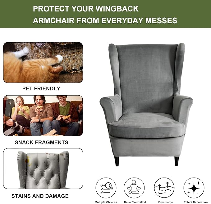 HAOYONG Velvet Wingback Armchair Covers 2-Piece Elastic Stretch Wingback Chair - Image 5