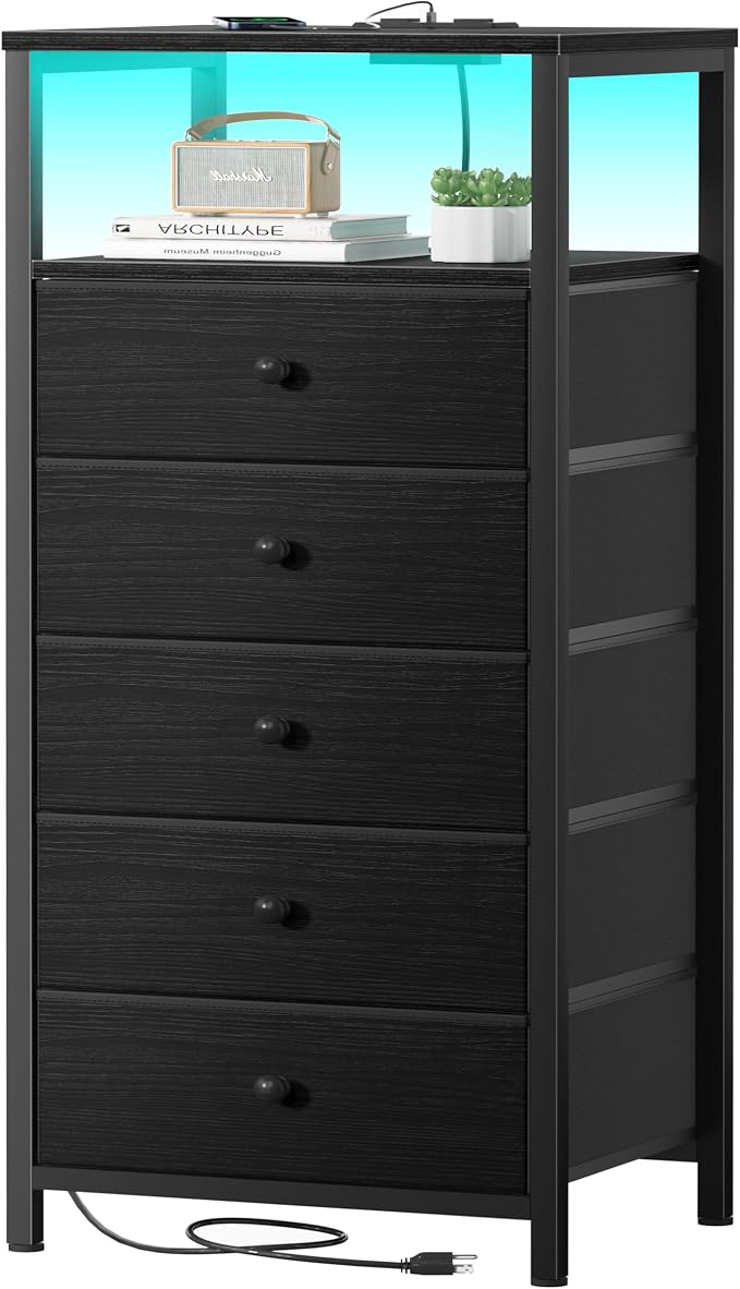 BOLUO Black Dresser with 5 Drawers Tall Nightstand with Charging Station and by BOLUO