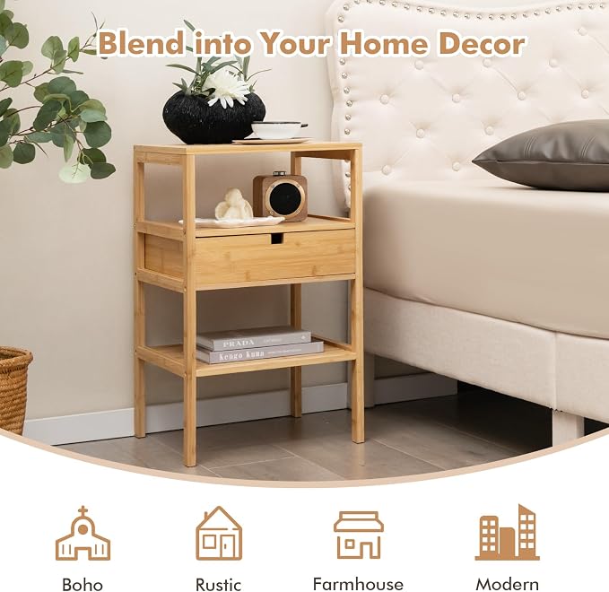 Giantex Bamboo Nightstand, Wood Side Table - Image 7