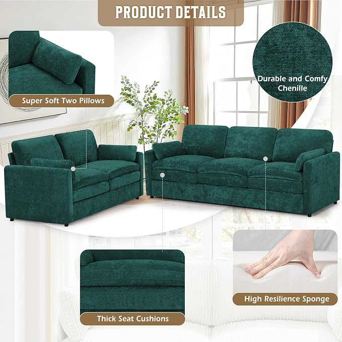 Classic Chenille Sofa Set with 2 Extra Armrest Pillows, Loveseat and 3-Seat - Image 2