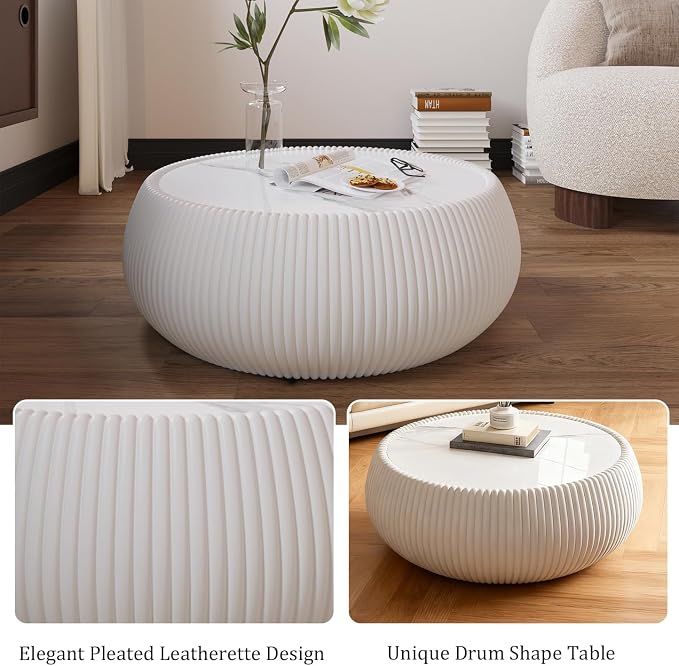 SSLine Round Drum Coffee Table Modern Sintered Stone Top Coffee Table in Cream - Image 7