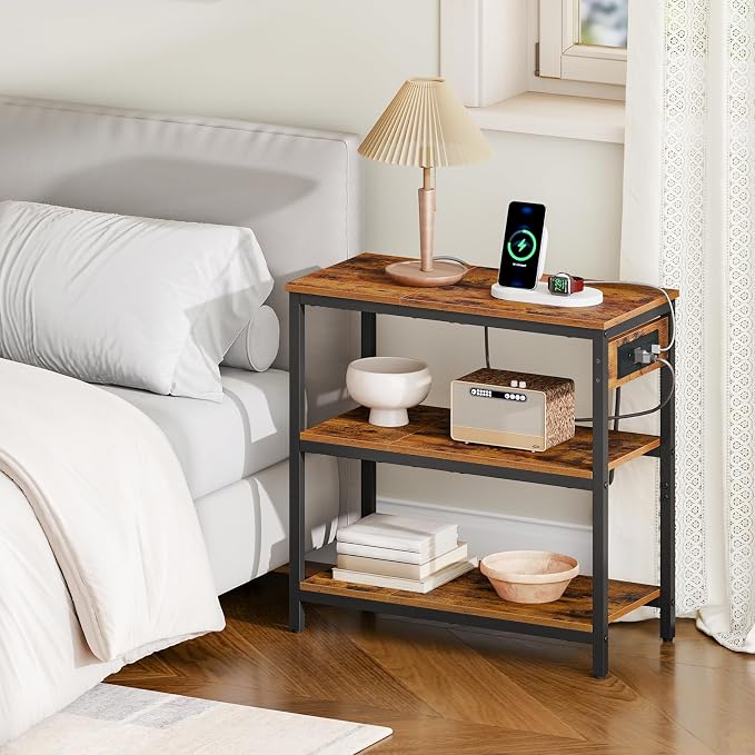 HOOBRO End Table with Charging Station, Simple Rustic Side Table with 3-Tier - Image 4