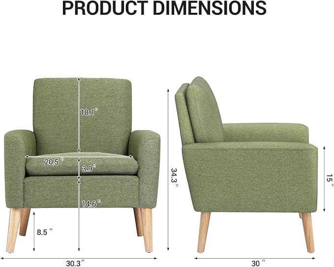 Accent Chair Set of 2 Living Room Mid-Century Modern Chair, Upholstered Fabric - Image 2