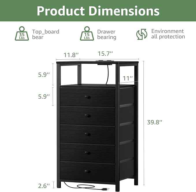 BOLUO Black Dresser with 5 Drawers Tall Nightstand with Charging Station and - Image 3
