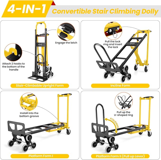 4-in-1 Hand Truck Dolly Heavy Duty Industrial Convertible, 1000 LBS Stair - Image 4