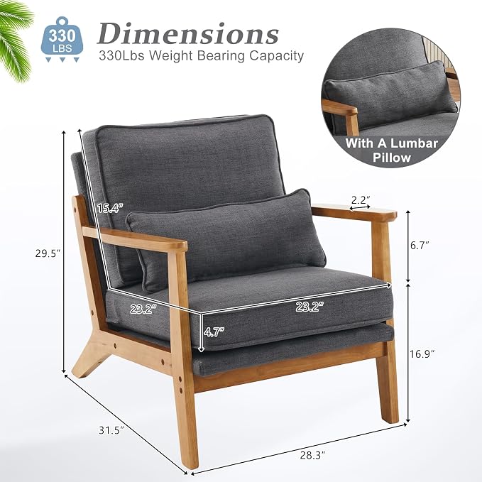VINGLI Solid Wood Wide Armrests Accent Chair Set of 2, Upholstered Mid Century - Image 2