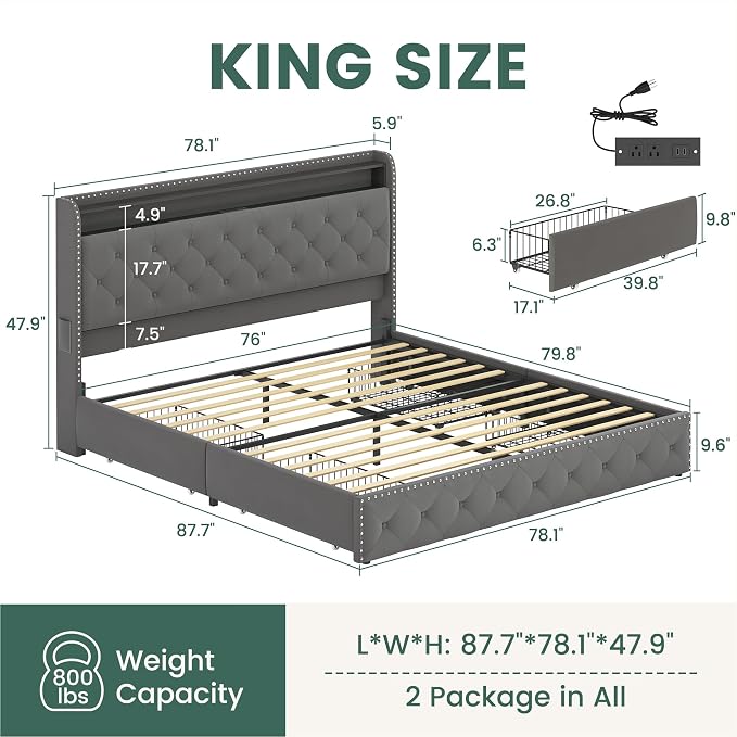 LARMACE King Bed Frame with 4 Storage Drawers and USB Charging Station Velvet - Image 2