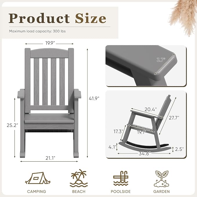 Greesum Outdoor Rocking Chair, 300lbs All-Weather Patio Resin Rocker, - Image 3