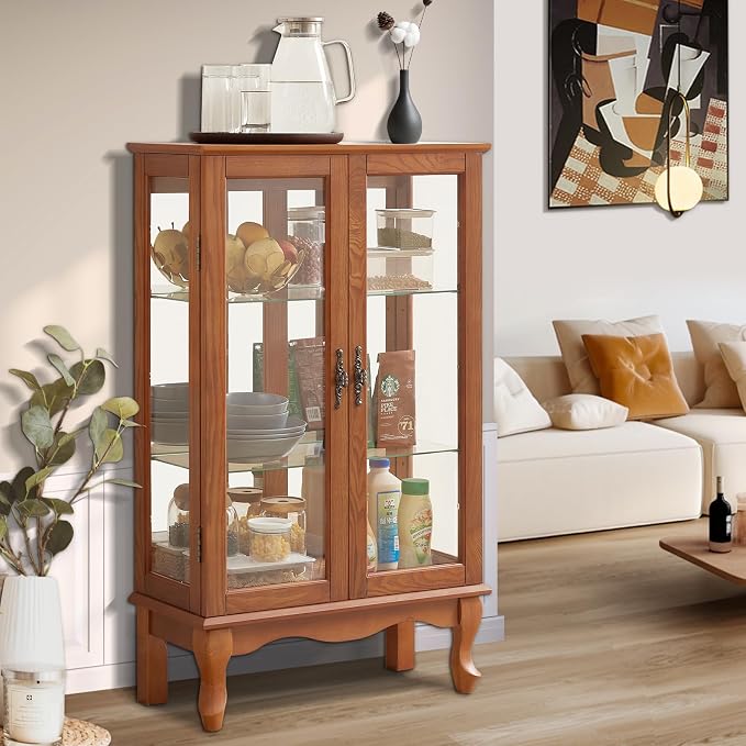 Curio Cabinet With Lighted Tall Leg Glass Door, Antique Display With Mirrored - Image 7