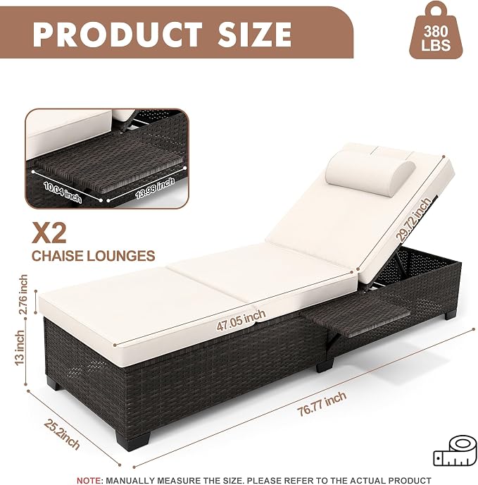 GAOMON Chaise Lounge Chairs Set of 2, Outdoor PE Rattan Chaise Lounge Chair - Image 2