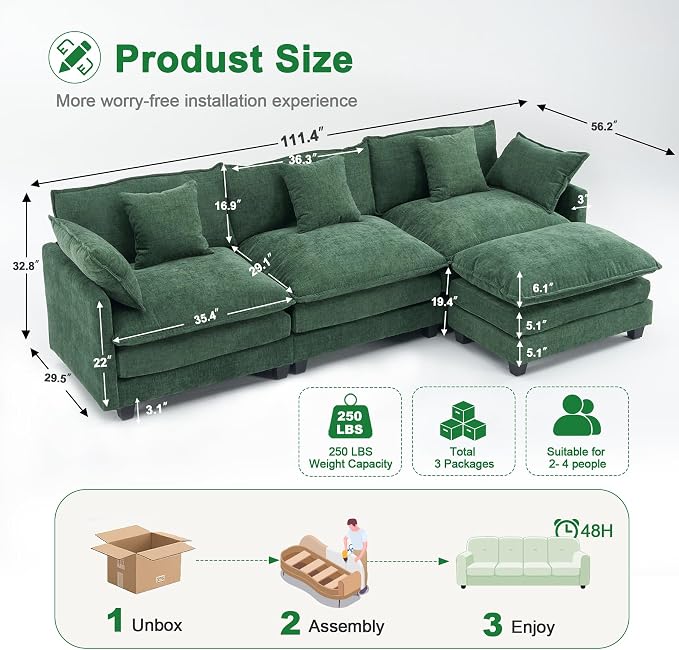 111.4" L-Shaped Cloud Chenille Sofa Sectional Couch - Image 2