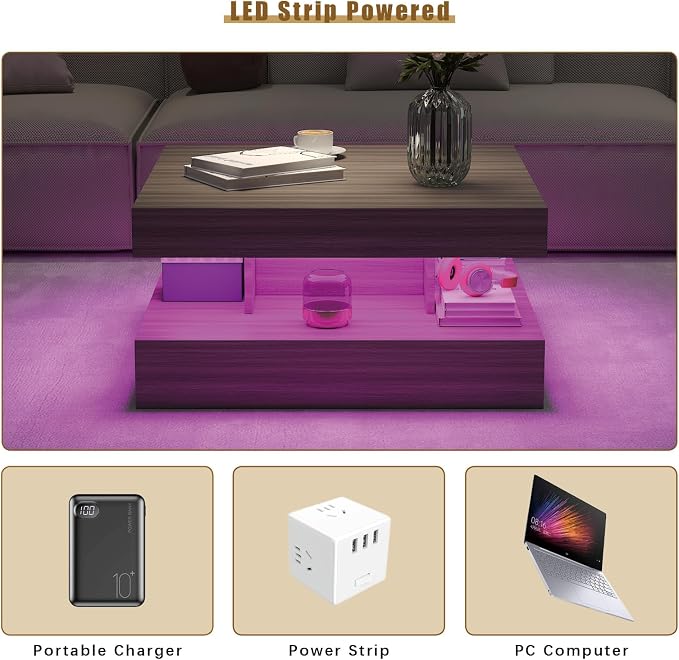 HedoAjim LED Coffee Table for Living Room, Living Room Table 2-Tier Square - Image 5