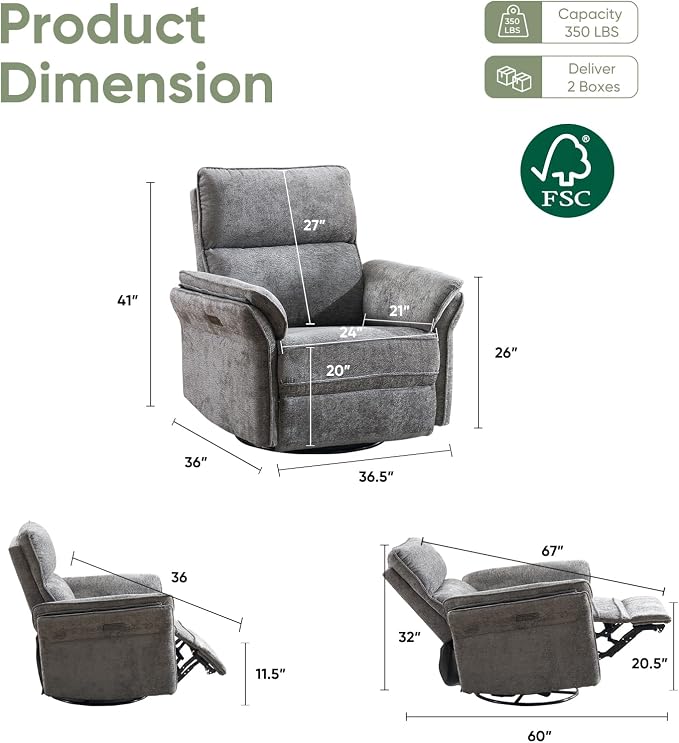 Power Swivel Rocker Recliner, Glider Recliner Nursery Chair - Image 2