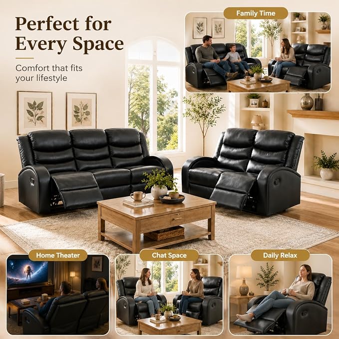 Recliner Sofa Set, 2 Piece Living Room Furniture Set, Leather Recliner Sofa - Image 3