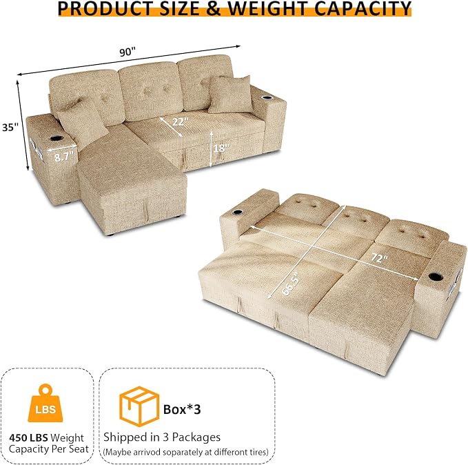 90 Inch Modular Sectional Sleeper Sofa Bed, 4 in 1 Pull Out Couch Bed - Image 3