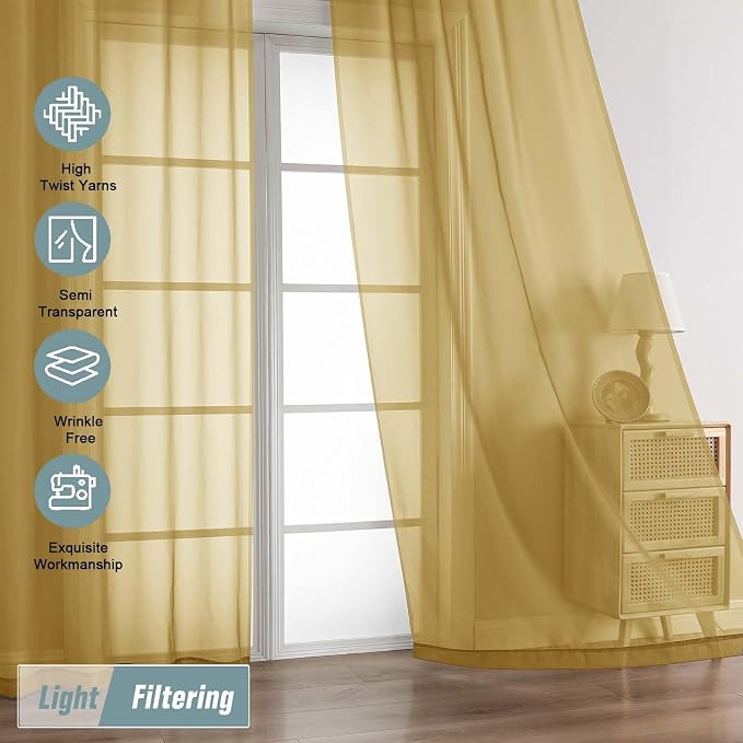 Gold Sheer Curtains 63 Inch Length 2 Panels, Voile Sheer Curtain - Image 5