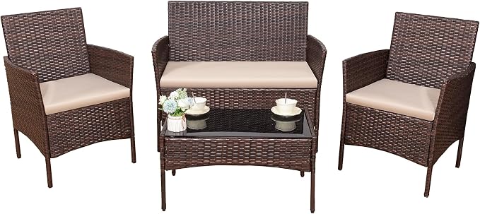Devoko 4 Pieces Outdoor Patio Furniture Set, PE Rattan Wicker Chairs Balcony by DEVOKO