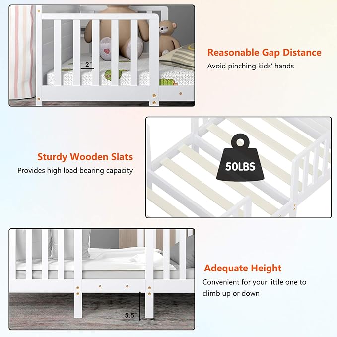 Costzon Toddler Bed Frame, 2 in 1 Convertible Wood Kids Bed w/Double Side - Image 4