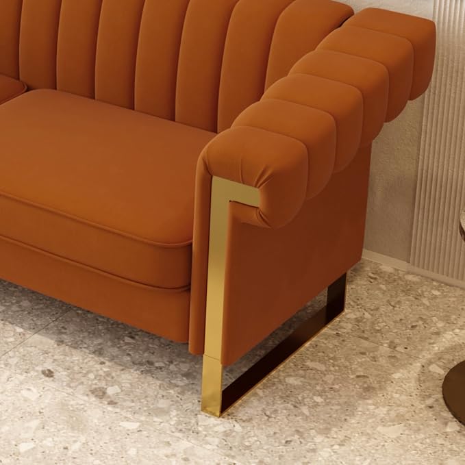 Mid-Century Modern Orange Velvet Sofa - Image 6