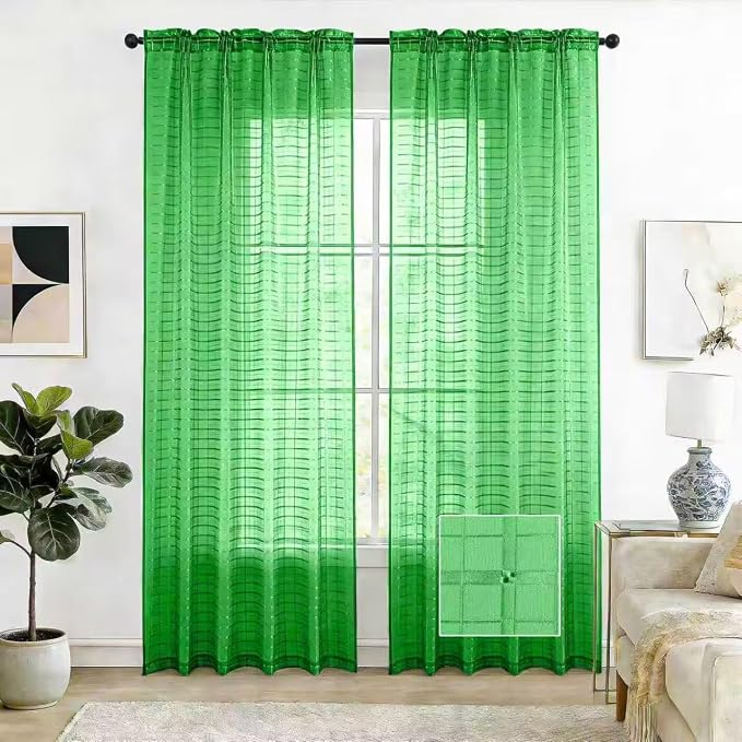 SpaceDresser Check Sheer Curtains 96 Inches 2 Panels Set, Rod Pocket Plaid by SpaceDresser