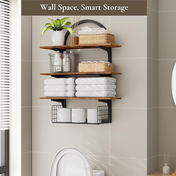 3 Tier Floating Shelf with Storage Baskets, Wall Mounted Bathroom Shelves Over - Image 4