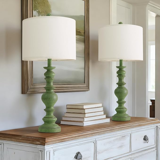 BOBOMOMO 27" Sage Green Table Lamps Set of 2, Large Farmhouse Resin Lamps - Image 8