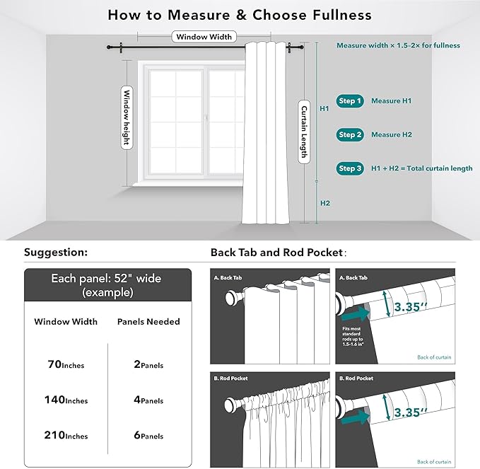 Deconovo Blackout Curtains, Thermal Insulated, W52 x L63 2 Panels, Back Tab - Image 9