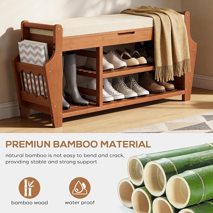 oakvivo 39.4in Shoe Bench with 2 Side Holder, 3 Tier Bamboo Entryway Bench with - Image 3