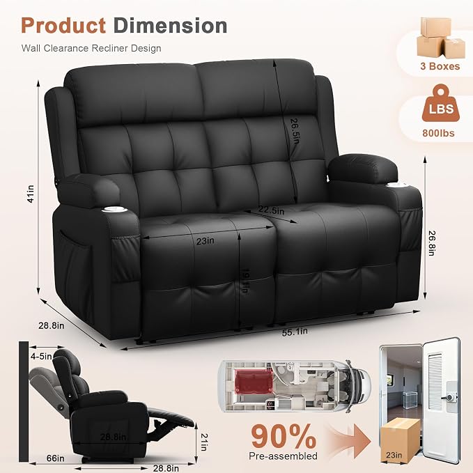 Home Theater Seating Loveseat Recliner Sofa, Wall-Hugger Reclining Couch - Image 2