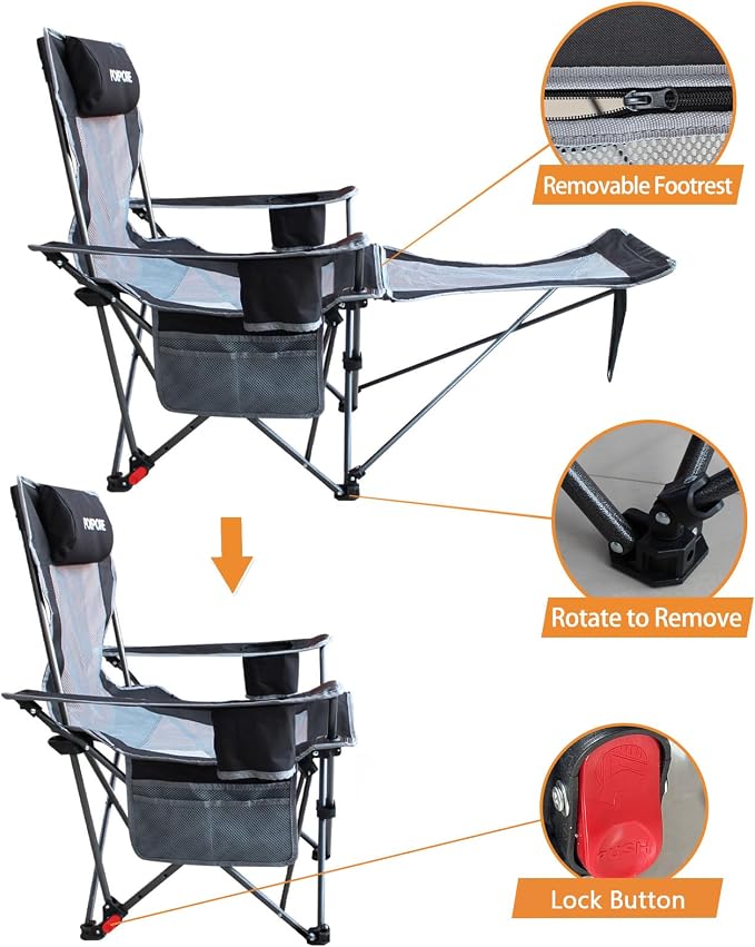 Reclining Camping Chair with Removable Footrest Lounge Chair with Headrest - Image 7