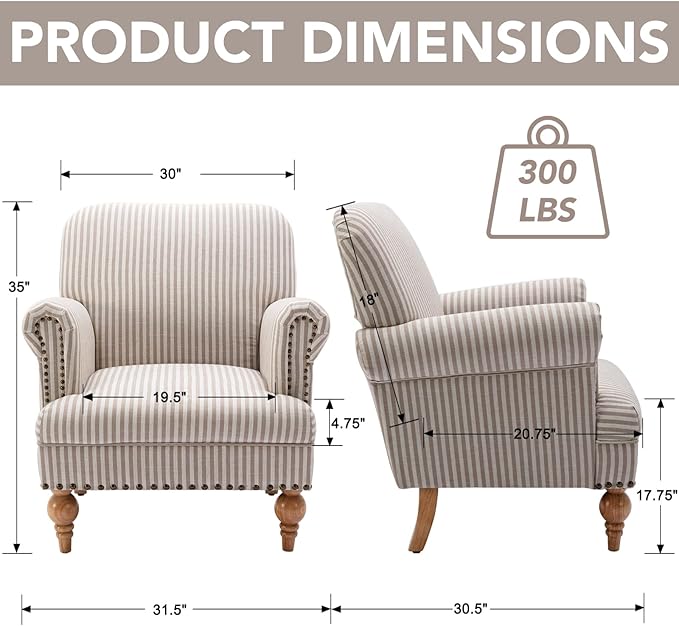 Khaki Striped Linen Fabric Accent Chair, Modern Farmhouse Upholstered Armchair - Image 2