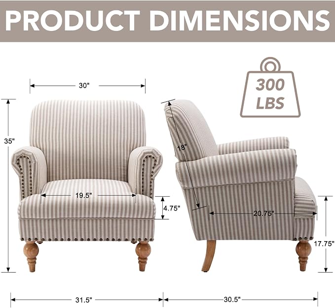 Khaki Striped Linen Fabric Accent Chairs Set of 2, Modern Farmhouse Upholstered - Image 2
