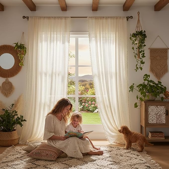 WAZZIO Boho Lace Curtains 80 Inches 2 Panel, Light Filtering Privacy Tassel & - Image 4