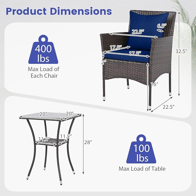 Tangkula 3 Pieces Patio Wicker Bistro Set, 2 Rattan Chairs w/ 2-Tier Tempered - Image 5