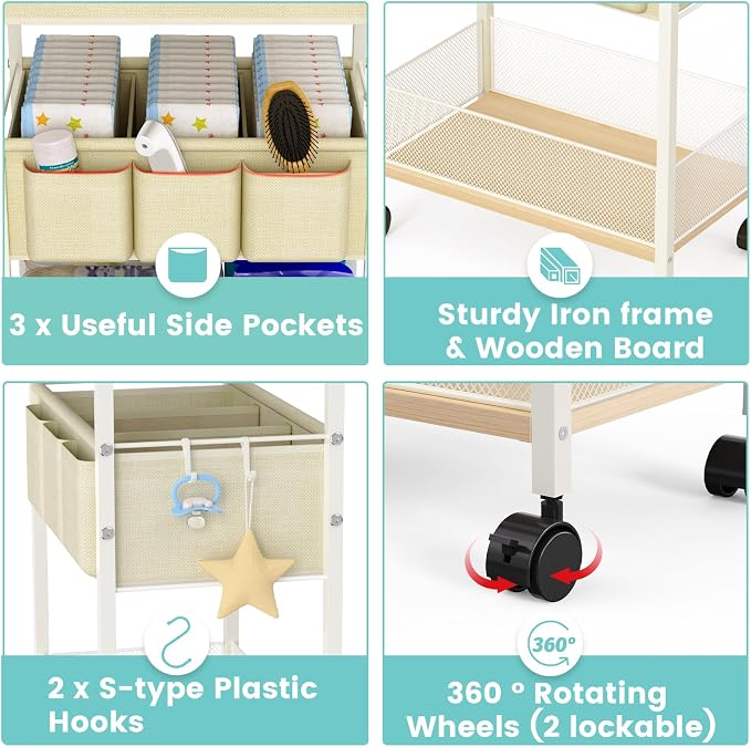 2In1 Baby Diaper Caddy & 3-Tier Rolling Cart, Diaper Caddy Organizer Carts - Image 6