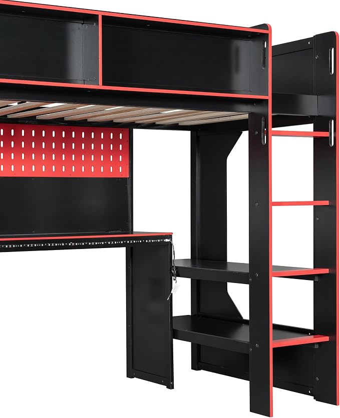 Modern Gaming Loft Bed with Built-in Desk, LED Lighting & Charging Hub –Twin - Image 6