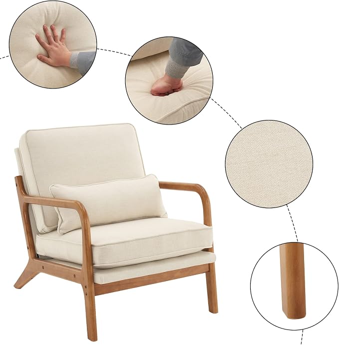 VINGLI Fine Linen Beige Comfy Accent Chair, Mid Century Modern Lounge Armchair - Image 3
