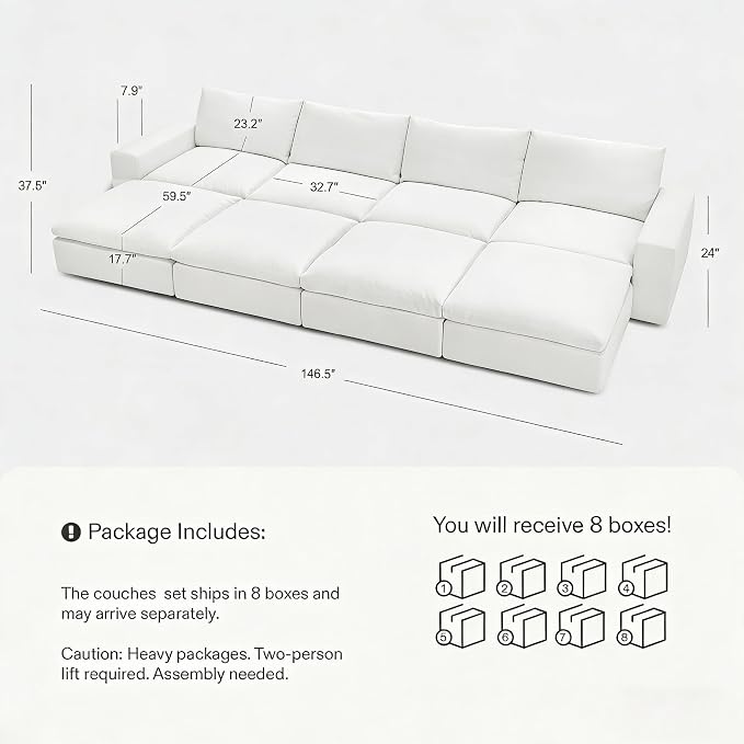 Cloud Couch Sectional 146.5'' Oversized Modular Deep Seat Sofa Bed Comfy White - Image 2