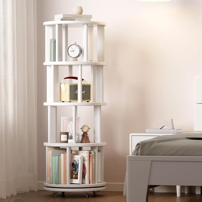 Muwuele Solid Wood Rotating Bookshelf on Wheels, 4 Tier, Round Revolving - Image 8