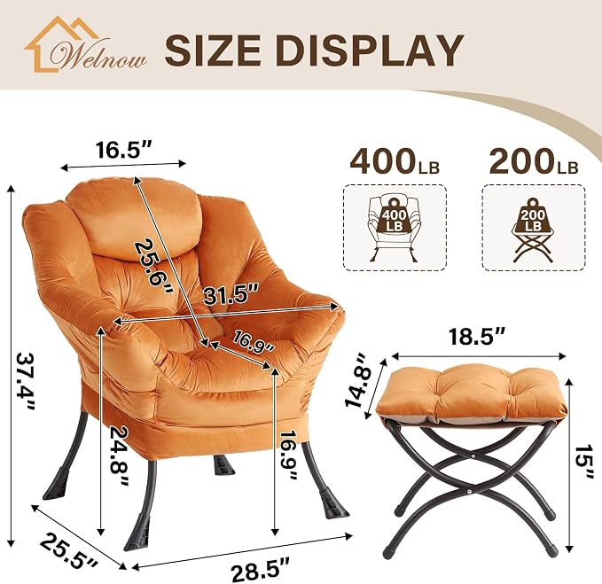 Welnow Orange Lazy Chair with Ottoman, Modern Accent Chair with Armrests and a - Image 3