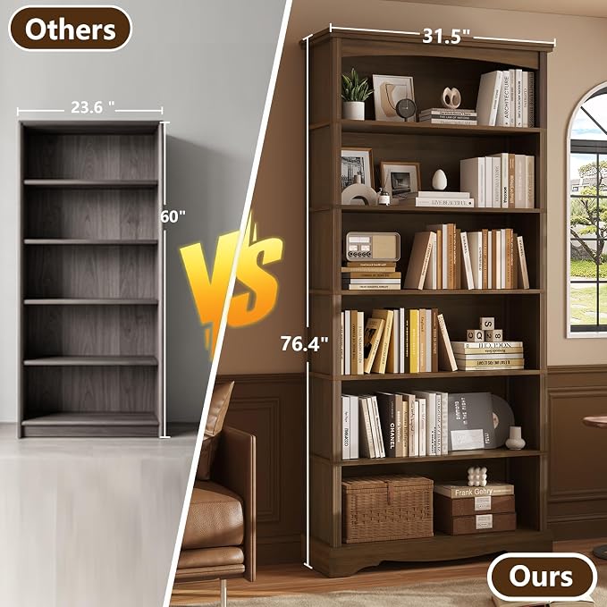 TVU 6-Tier Wooden Bookshelf, 76 Inch Tall Bookshelf - Image 7