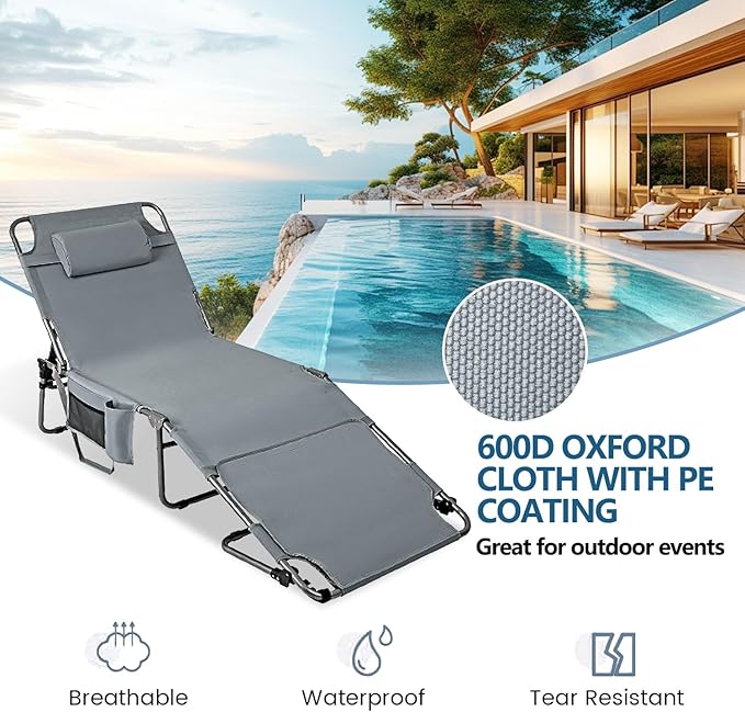 Tanning Chair with Face Hole, Adjustable Folding Chaise Lounge Chairs - Image 7